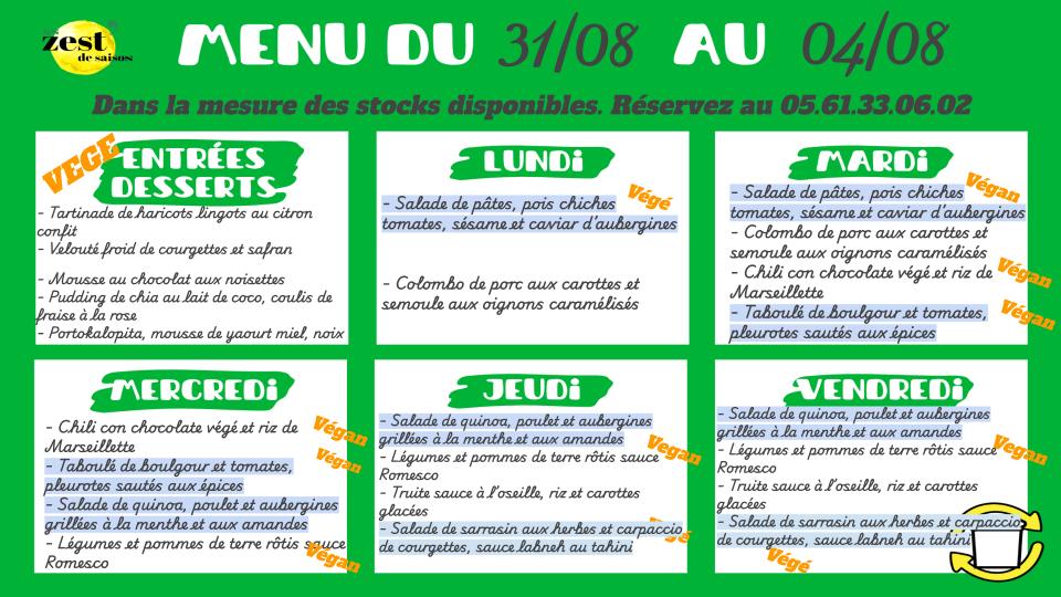 Menu de la semaine sur place ou à emporter