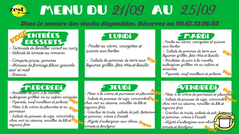 Menu de la semaine sur place ou à emporter